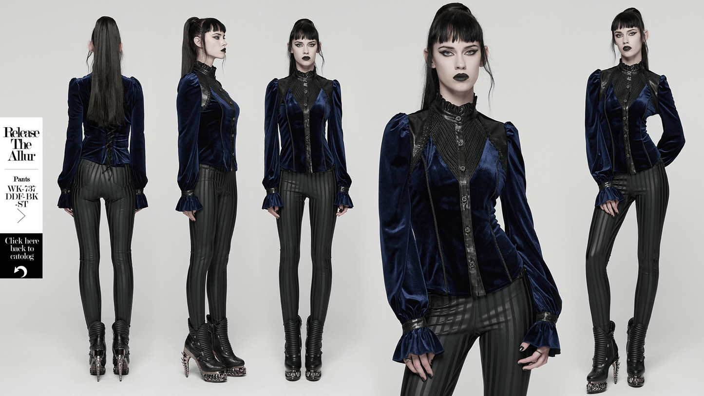 Goth Velvet Lace-Up Shirt with Leather Trim and Embroidery