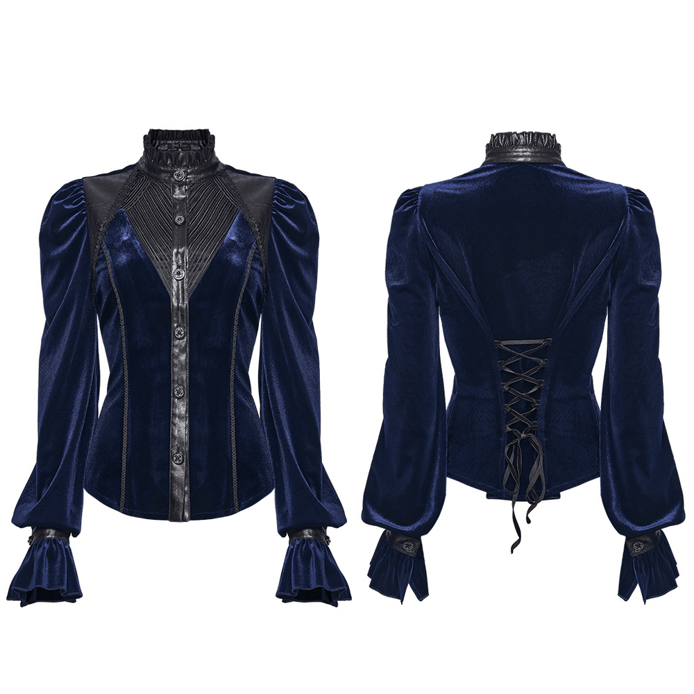 Goth Velvet Lace-Up Shirt with Leather Trim and Embroidery