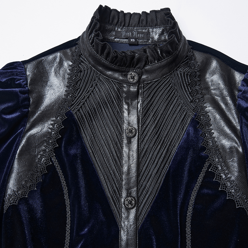 Goth Velvet Lace-Up Shirt with Leather Trim and Embroidery