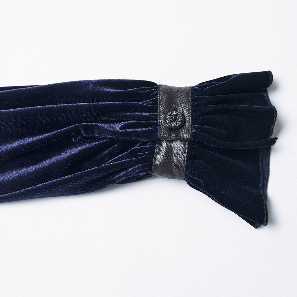 Goth Velvet Lace-Up Shirt with Leather Trim and Embroidery