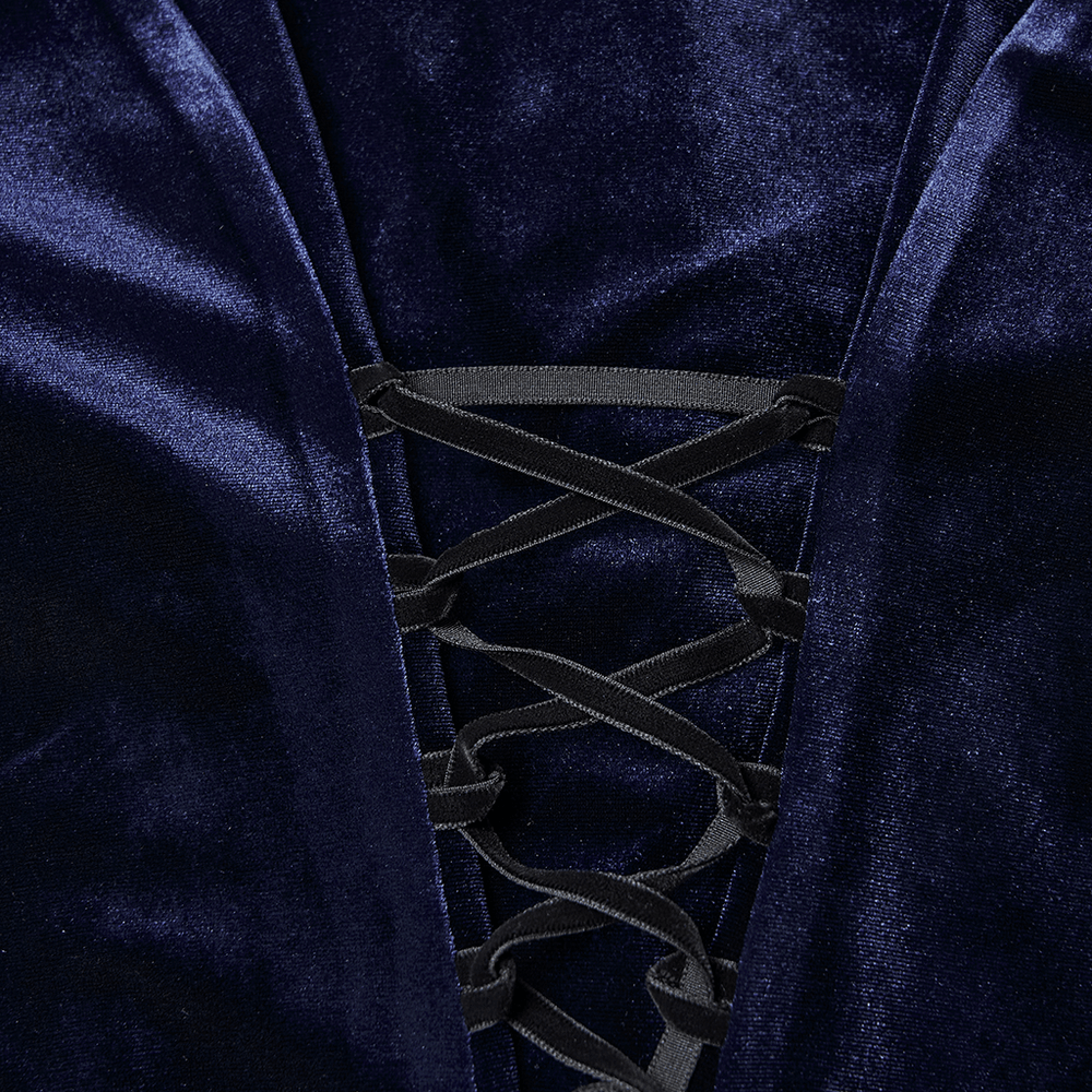 Goth Velvet Lace-Up Shirt with Leather Trim and Embroidery