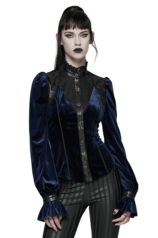Goth Velvet Lace-Up Shirt with Leather Trim and Embroidery
