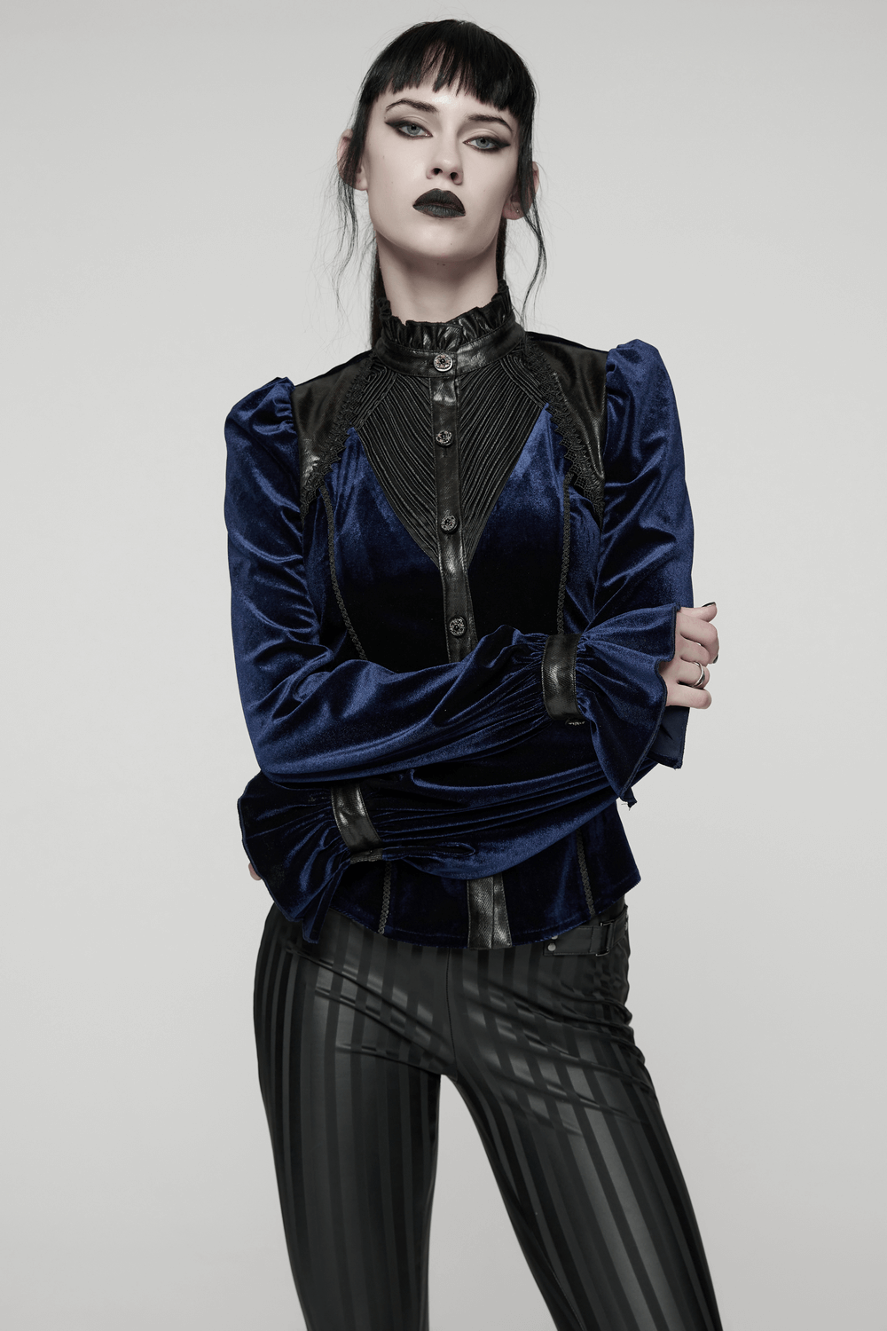 Goth Velvet Lace-Up Shirt with Leather Trim and Embroidery