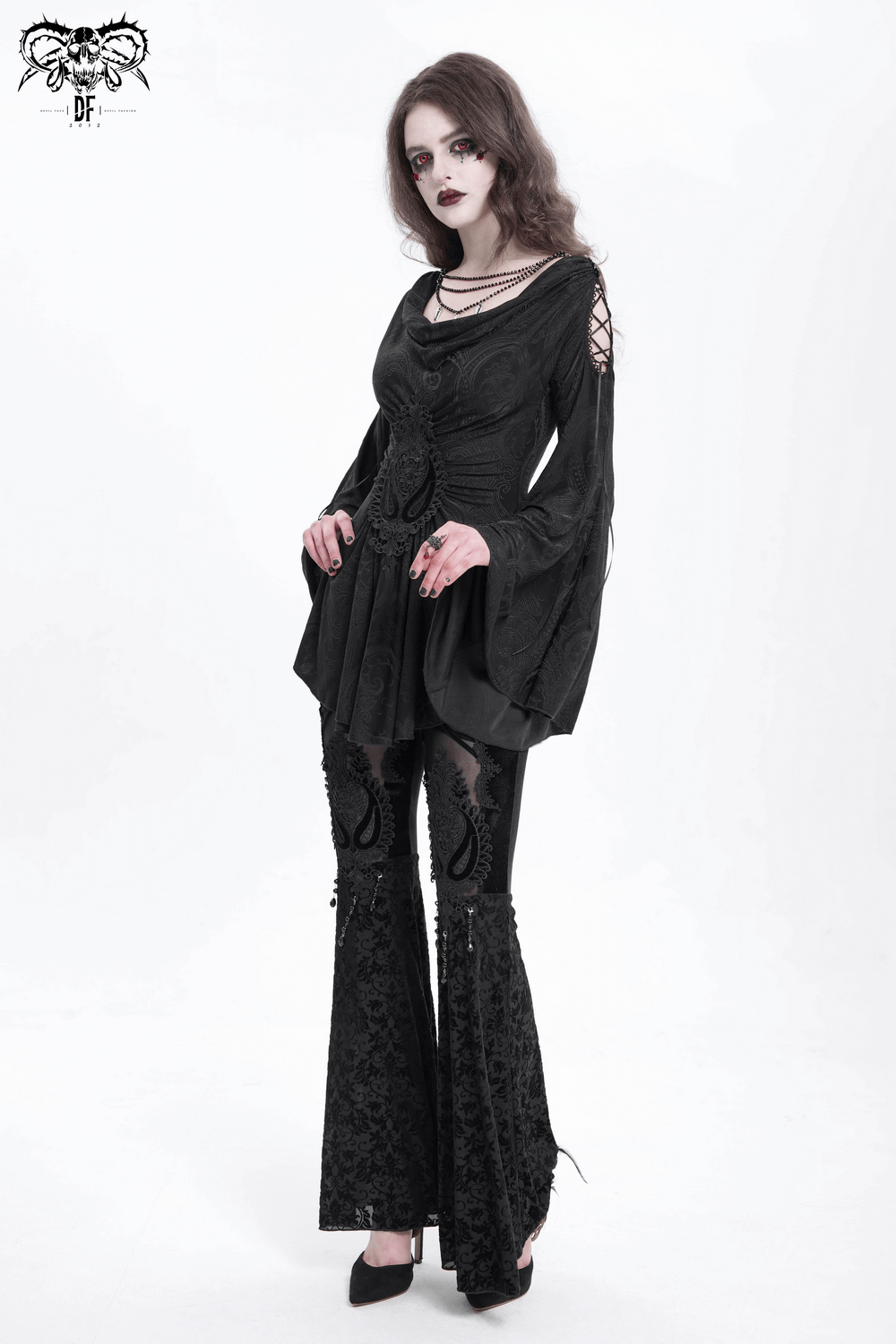 Goth Women's Top with Flared Sleeves and Lace-Up