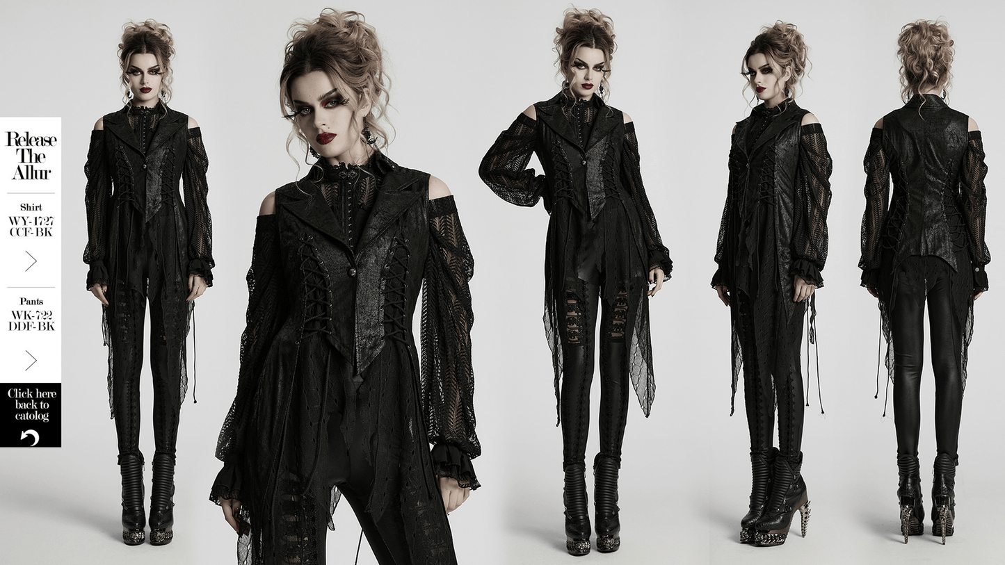 Gothic Alien Asymmetric Cape with Lace-Up Design and Mesh
