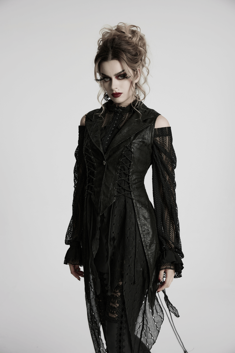Gothic Alien Asymmetric Cape with Lace-Up Design and Mesh