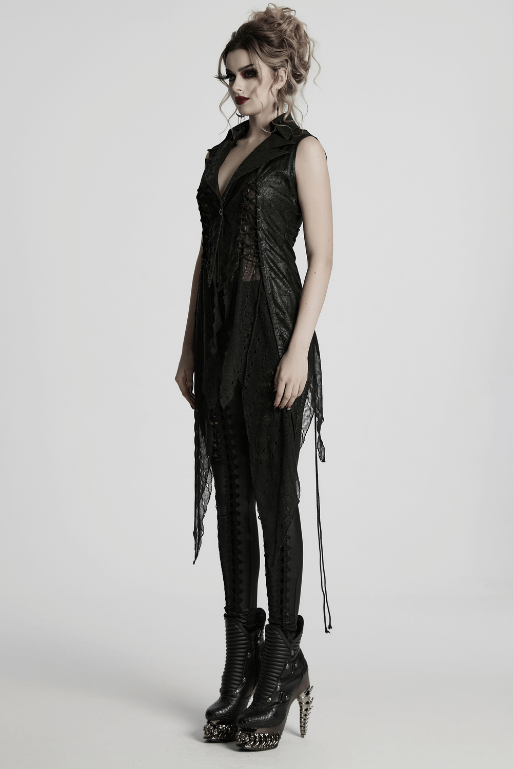 Gothic Alien Asymmetric Cape with Lace-Up Design and Mesh