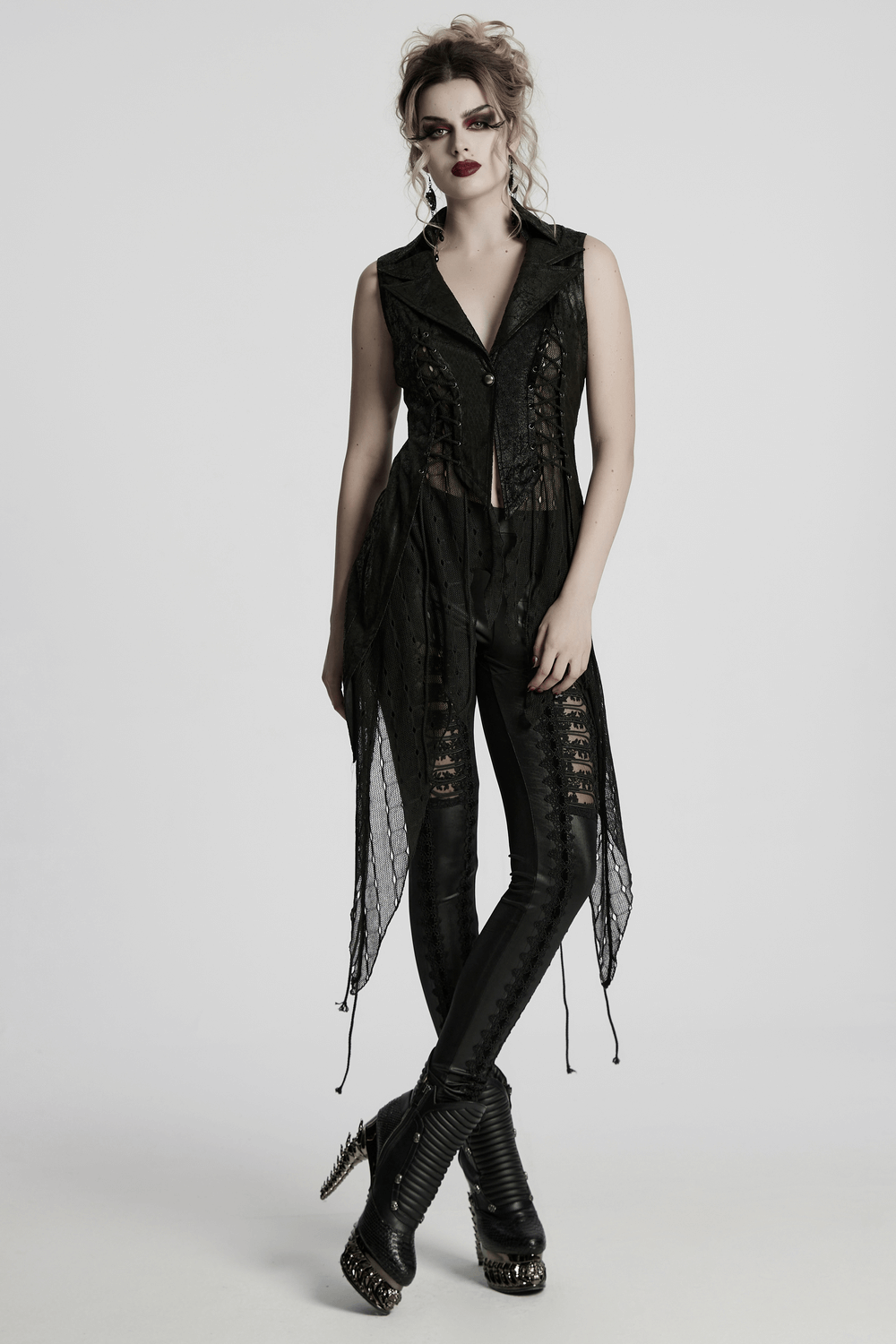Gothic Alien Asymmetric Cape with Lace-Up Design and Mesh