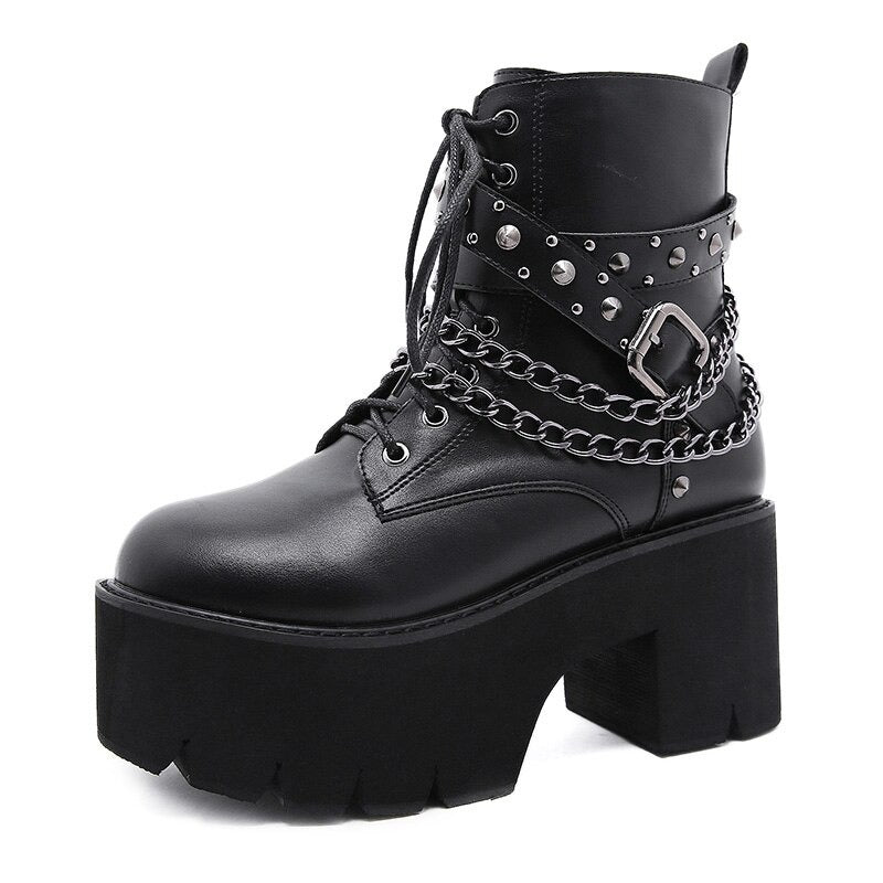 Gothic Ankle Boots For Women / Short Sexy Lady's High Heel Shoes With Lace-Up And Chain