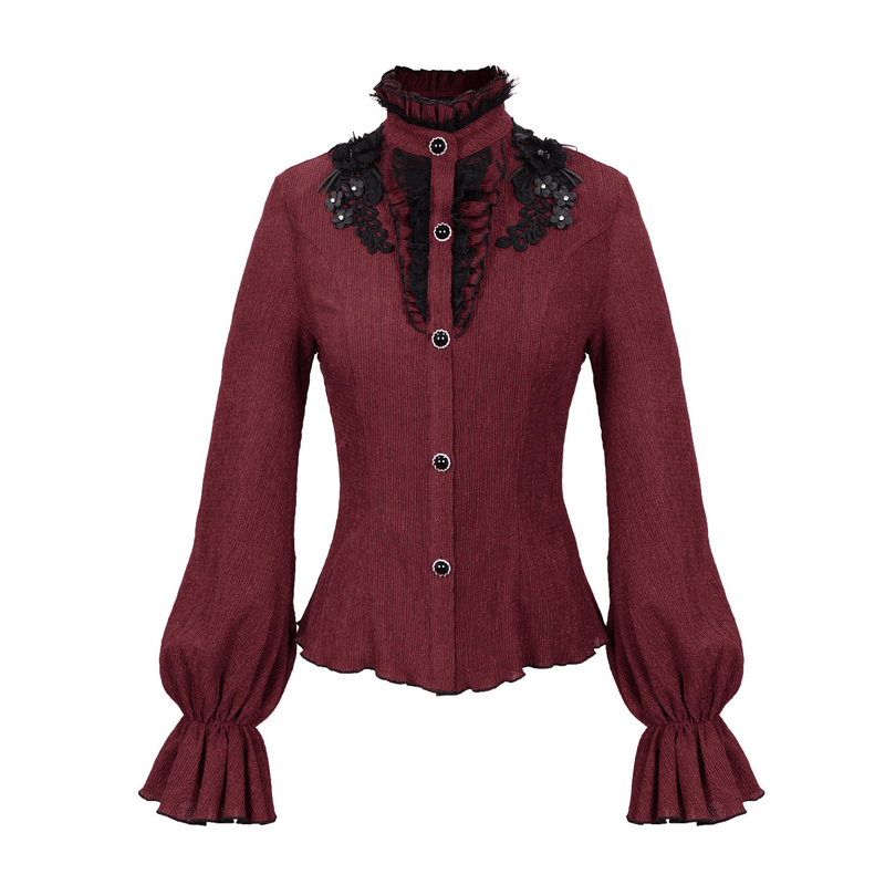 Gothic Appliqued Wine Red Blouse with Buttons / Women's Flared Sleeves Striped Shirts