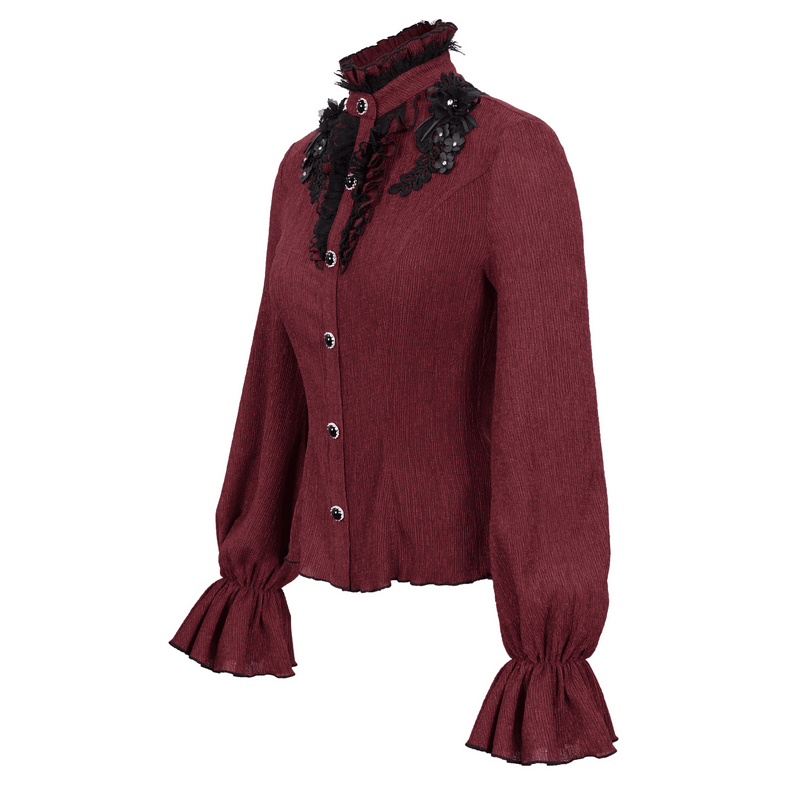 Gothic Appliqued Wine Red Blouse with Buttons / Women's Flared Sleeves Striped Shirts