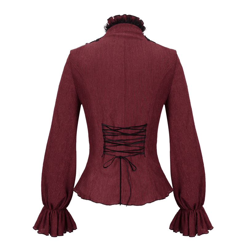Gothic Appliqued Wine Red Blouse with Buttons / Women's Flared Sleeves Striped Shirts