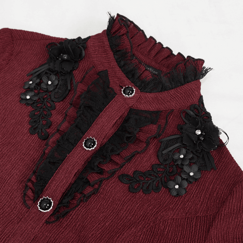 Gothic Appliqued Wine Red Blouse with Buttons / Women's Flared Sleeves Striped Shirts
