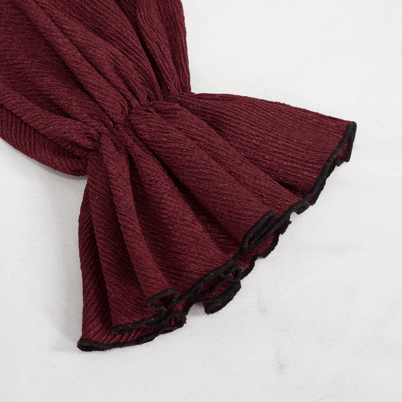 Gothic Appliqued Wine Red Blouse with Buttons / Women's Flared Sleeves Striped Shirts