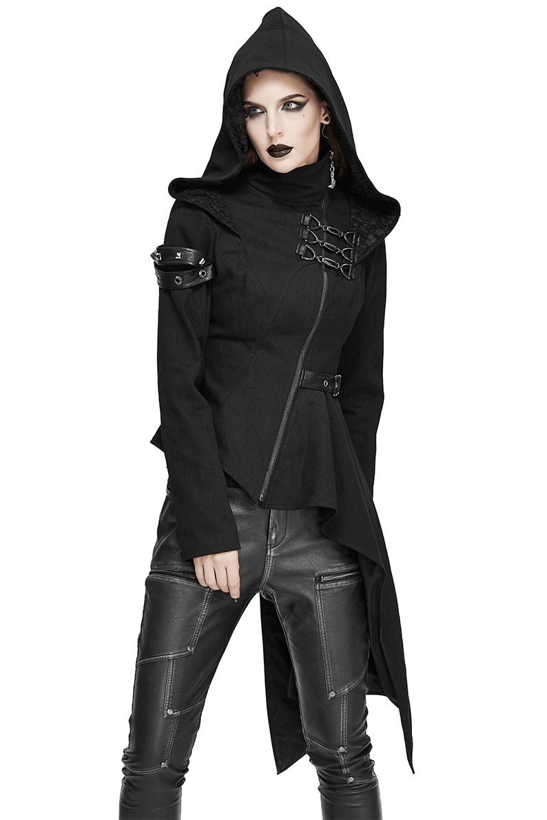Gothic Asymmetric Jacket with Hood / Women's Diagonal Zip Jacket with Long Side