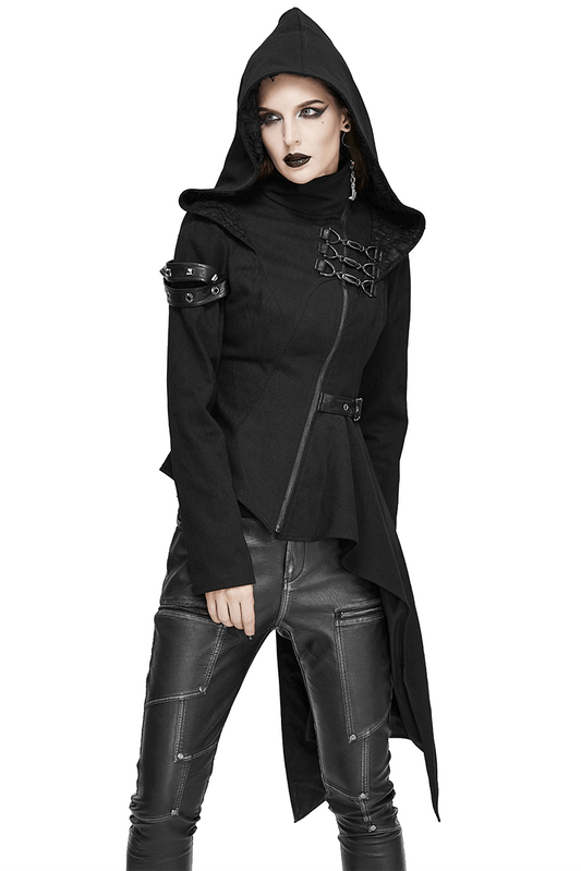 Gothic Asymmetric Jacket with Hood / Women's Diagonal Zip Jacket with Long Side