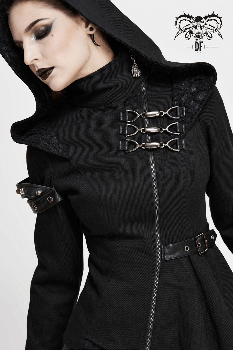Gothic Asymmetric Jacket with Hood / Women's Diagonal Zip Jacket with Long Side