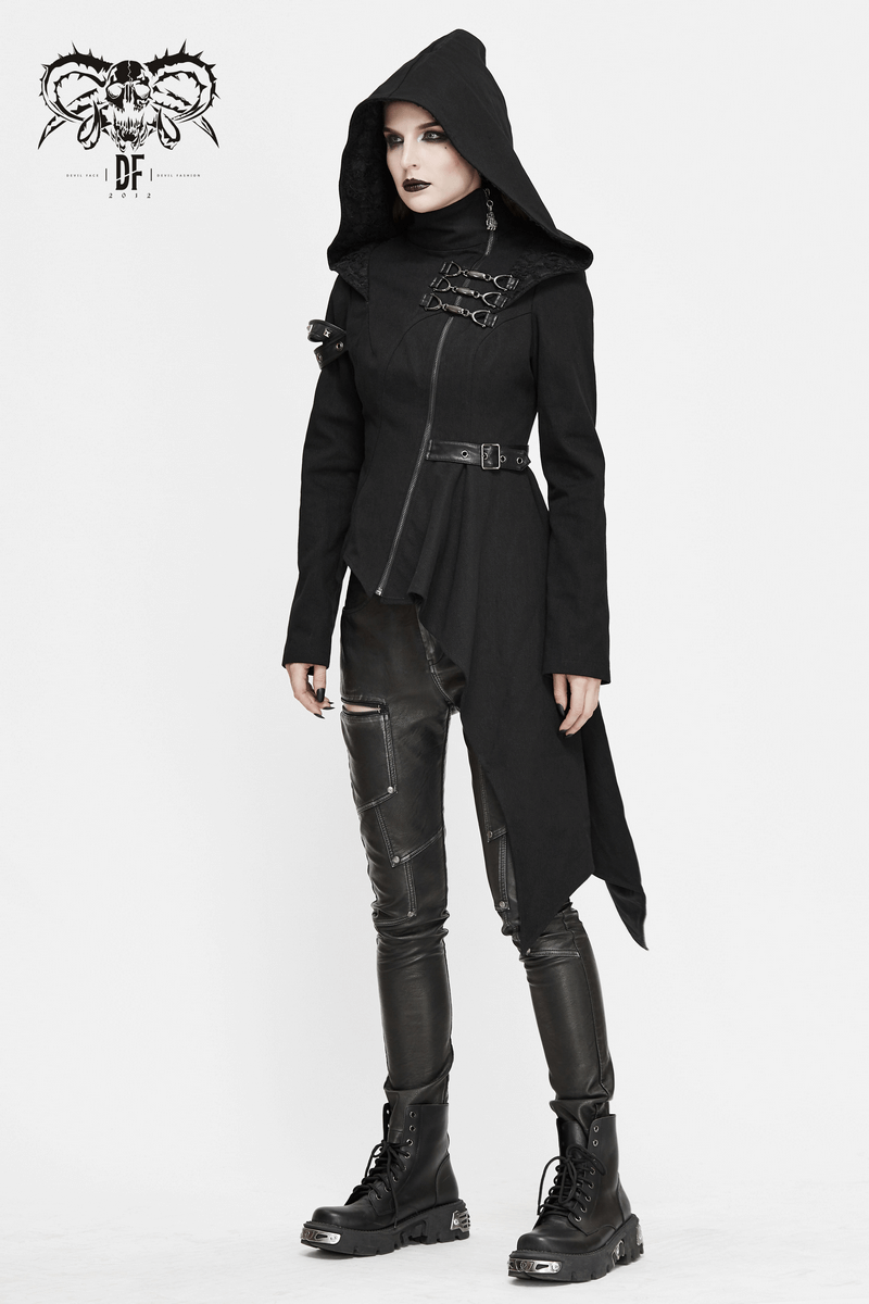 Gothic Asymmetric Jacket with Hood / Women's Diagonal Zip Jacket with Long Side