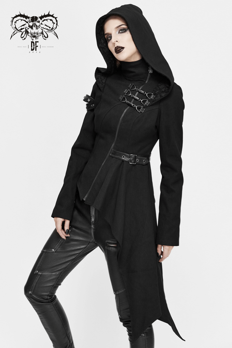 Gothic Asymmetric Jacket with Hood / Women's Diagonal Zip Jacket with Long Side