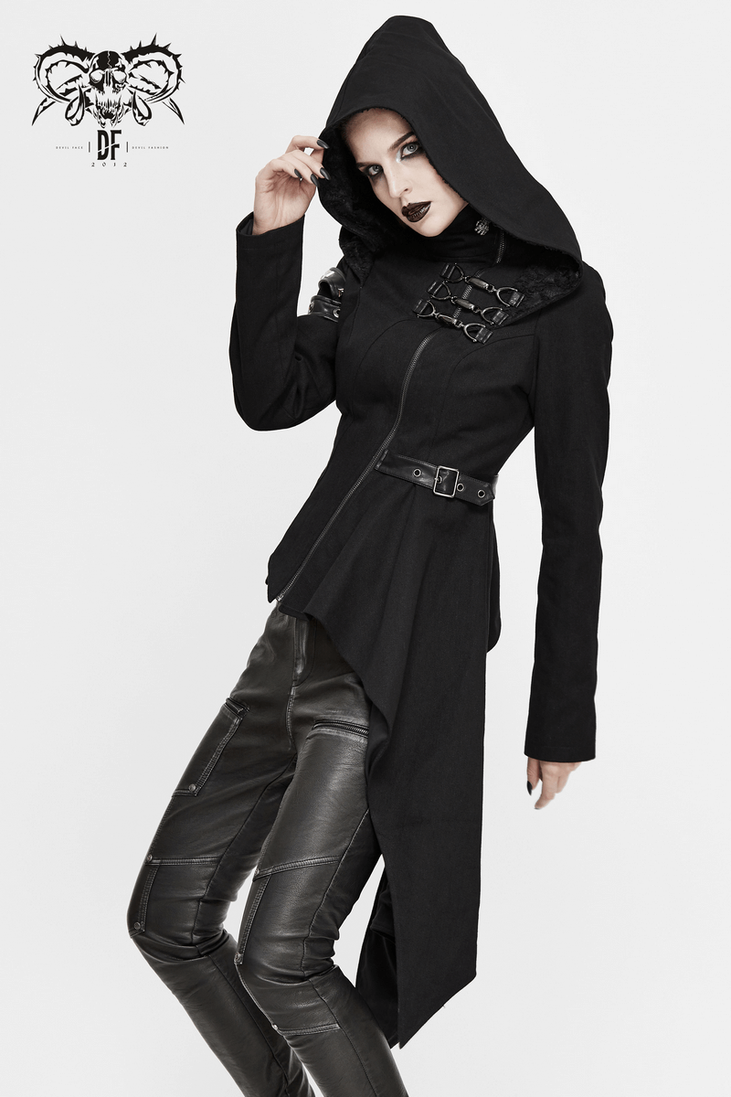 Gothic Asymmetric Jacket with Hood / Women's Diagonal Zip Jacket with Long Side