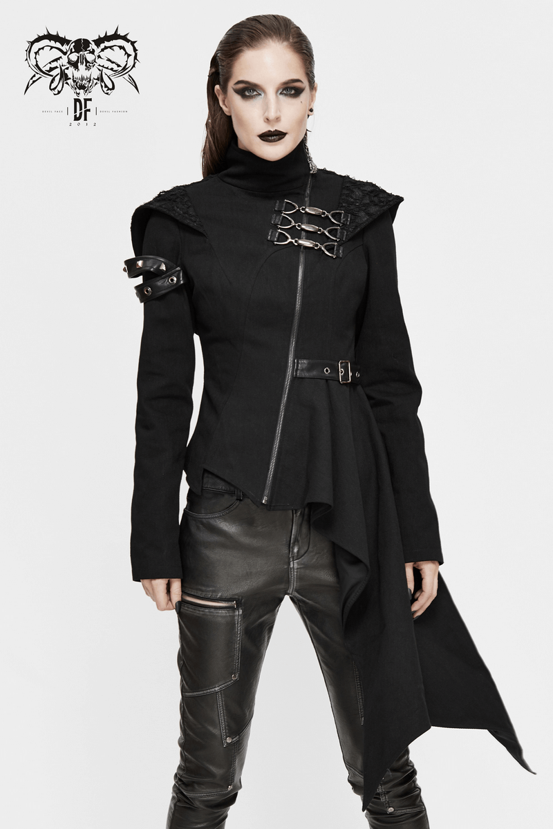 Gothic Asymmetric Jacket with Hood / Women's Diagonal Zip Jacket with Long Side
