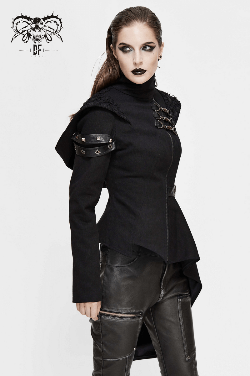 Gothic Asymmetric Jacket with Hood / Women's Diagonal Zip Jacket with Long Side