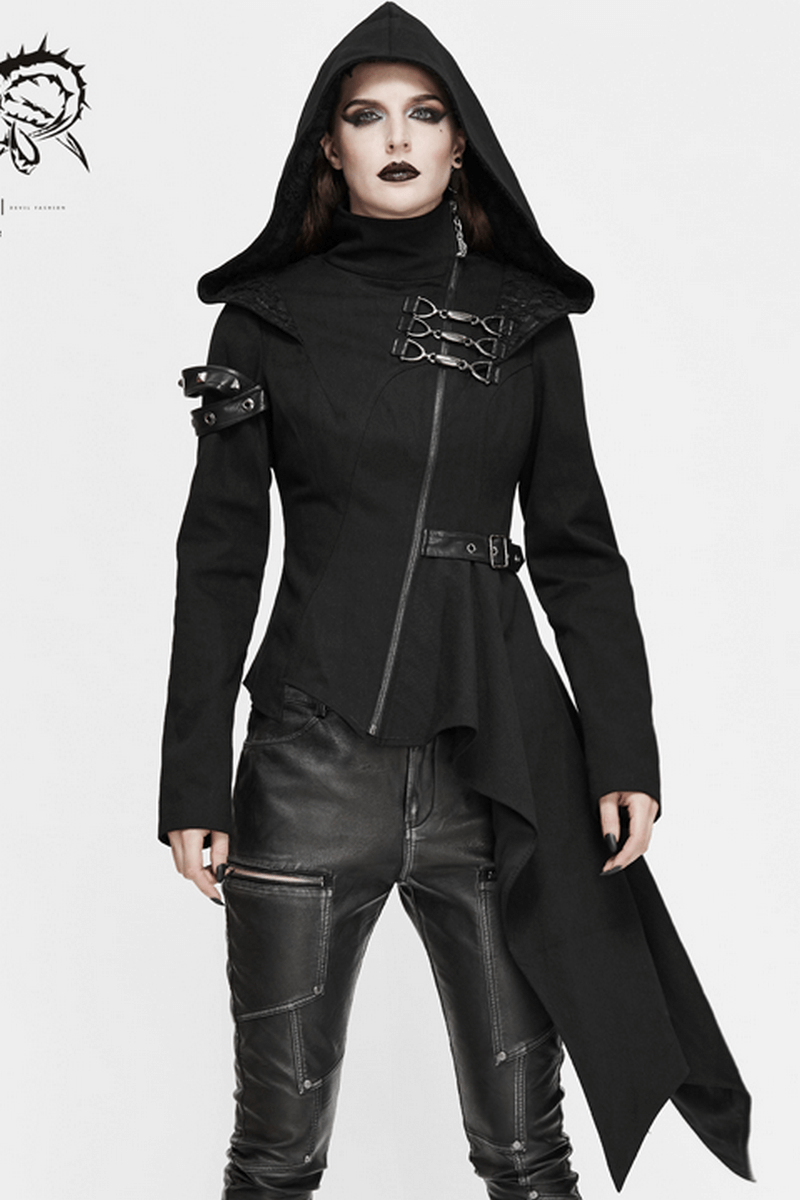 Gothic Asymmetric Jacket with Hood / Women's Diagonal Zip Jacket with Long Side