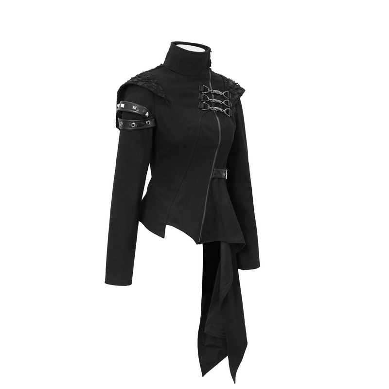 Gothic Asymmetric Jacket with Hood / Women's Diagonal Zip Jacket with Long Side