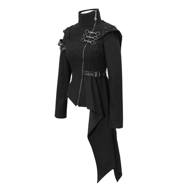 Gothic Asymmetric Jacket with Hood / Women's Diagonal Zip Jacket with Long Side