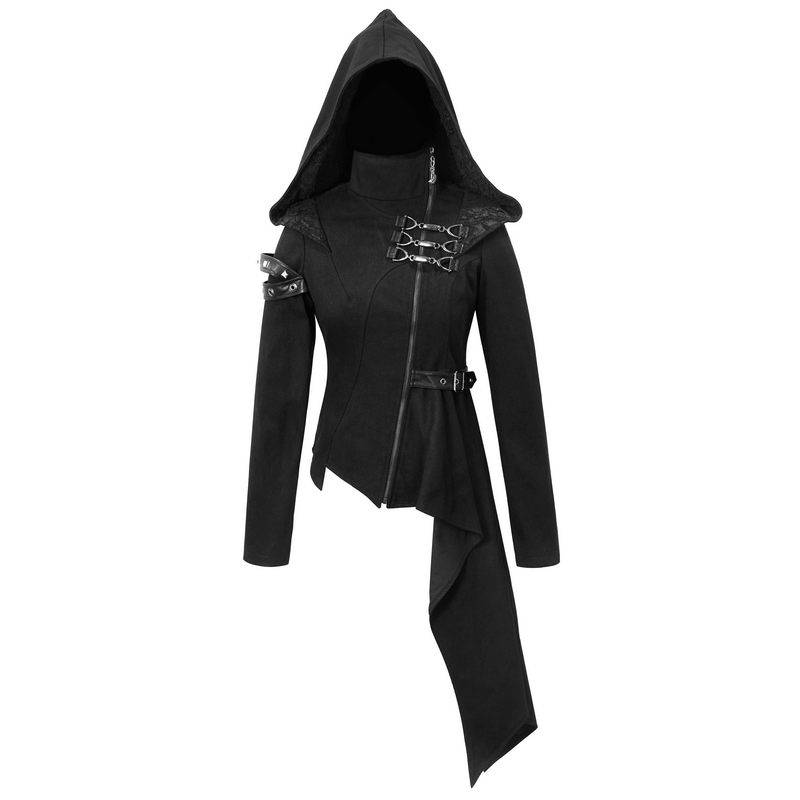 Gothic Asymmetric Jacket with Hood / Women's Diagonal Zip Jacket with Long Side