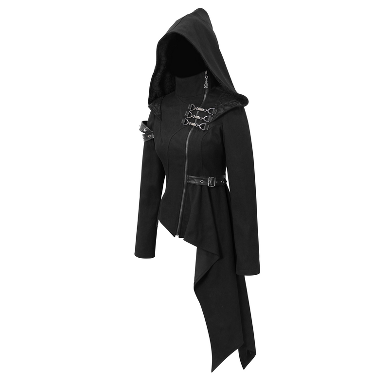 Gothic Asymmetric Jacket with Hood / Women's Diagonal Zip Jacket with Long Side