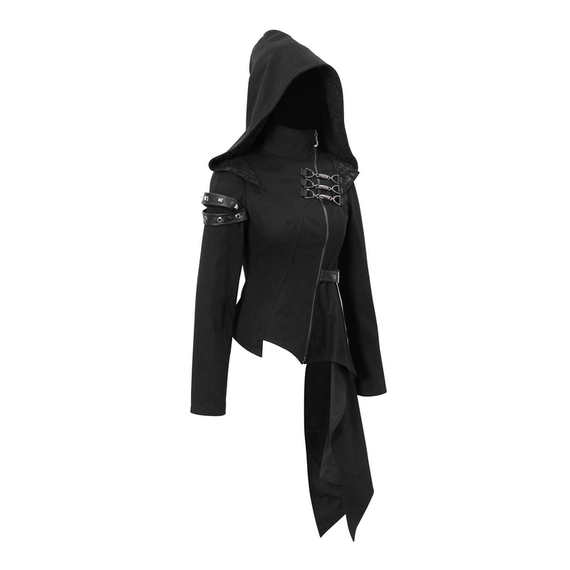 Gothic Asymmetric Jacket with Hood / Women's Diagonal Zip Jacket with Long Side