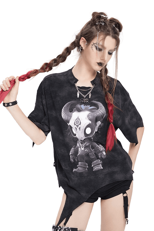 Gothic Asymmetric Skull Cartoon Print T-Shirt
