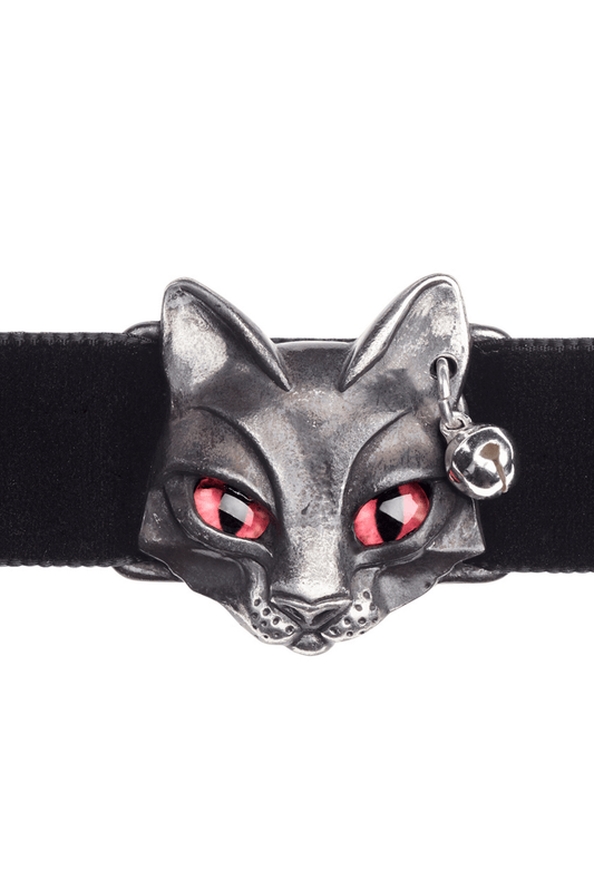 Gothic Bastet Cat Choker with Red Eyes and Black Velvet Band