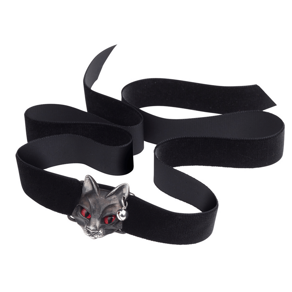 Gothic Bastet Cat Choker with Red Eyes and Black Velvet Band