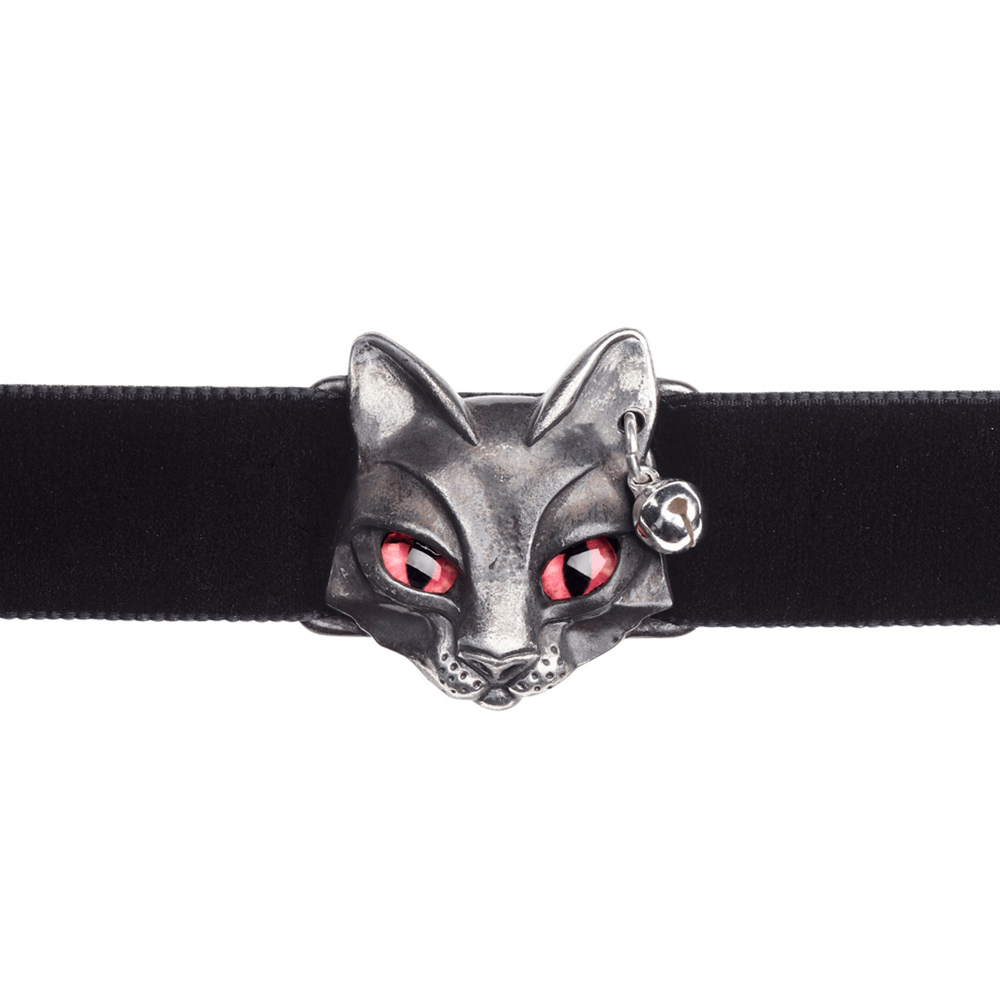 Gothic Bastet Cat Choker with Red Eyes and Black Velvet Band