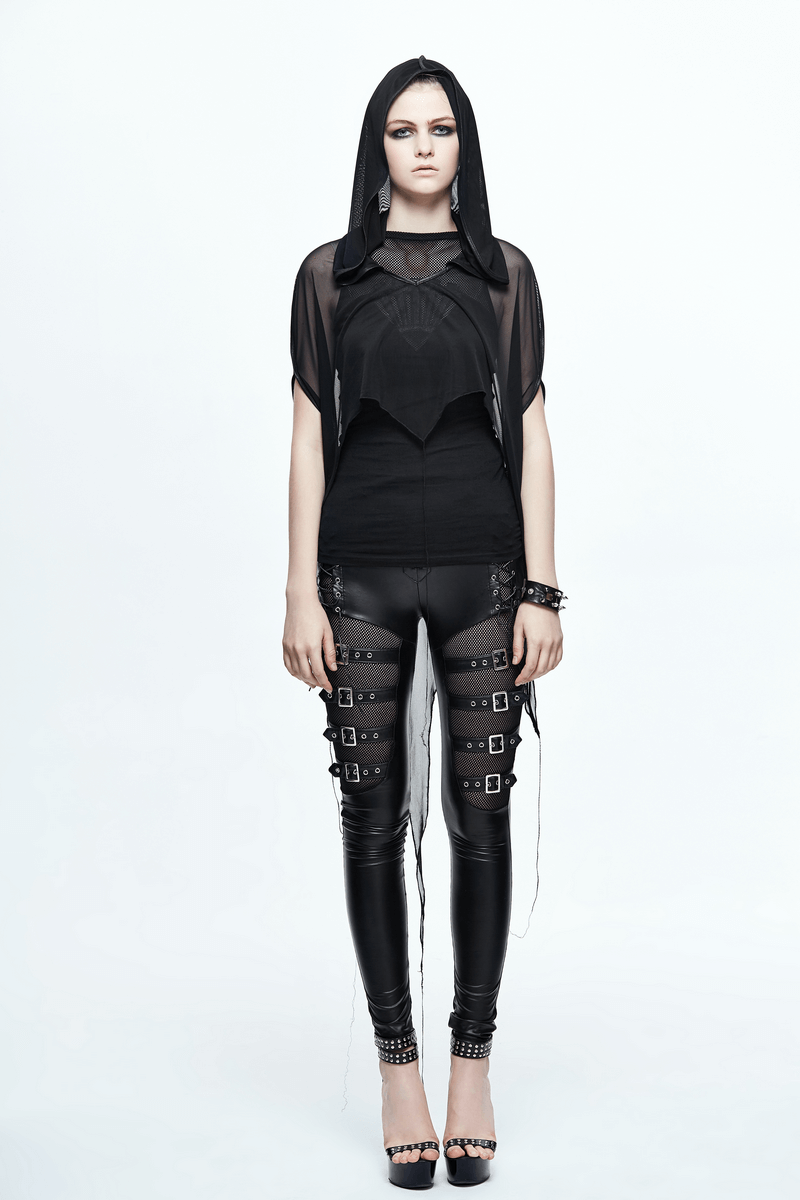 Gothic Bat Style Hooded Mesh Cape / Women's Black Asymmetrical Hem Cape