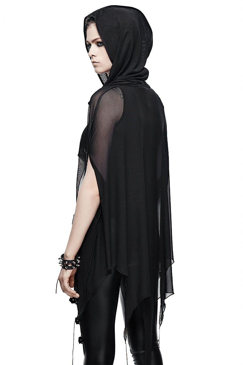 Gothic Bat Style Hooded Mesh Cape / Women's Black Asymmetrical Hem Cape