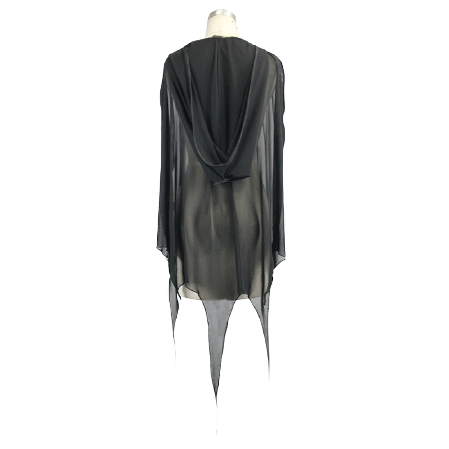 Gothic Bat Style Hooded Mesh Cape / Women's Black Asymmetrical Hem Cape