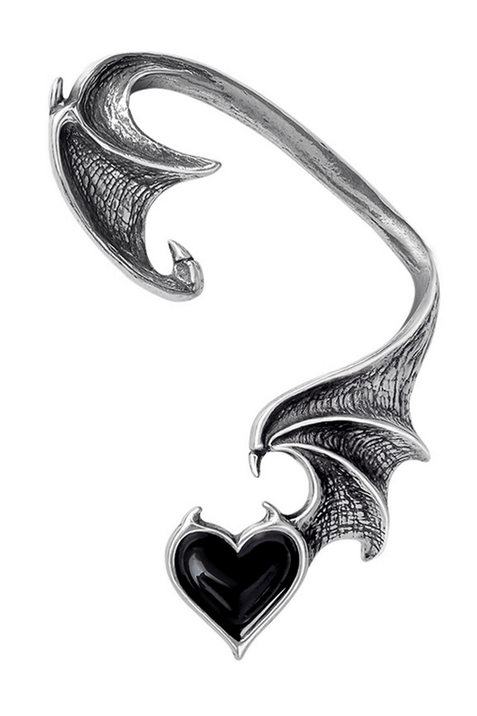 Gothic Bat Wing Earwrap with Black Heart Jewel Accent