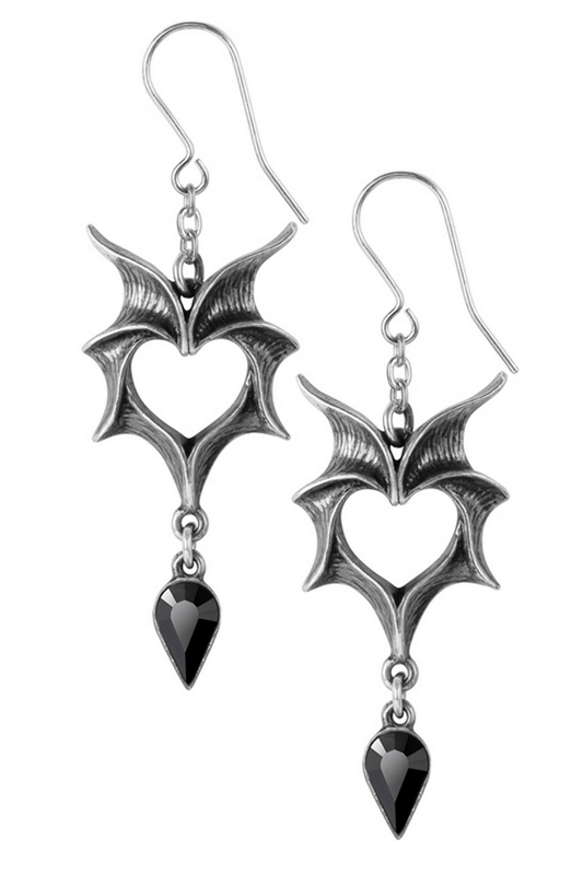 Gothic Bat Wing Heart Earrings with Black Crystal Drop