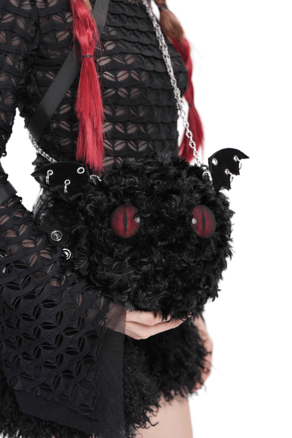 Gothic Bat Wing Plush Shoulder Bag with Chains and Red Eyes
