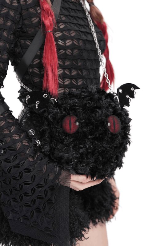 Gothic Bat Wing Plush Shoulder Bag with Chains and Red Eyes