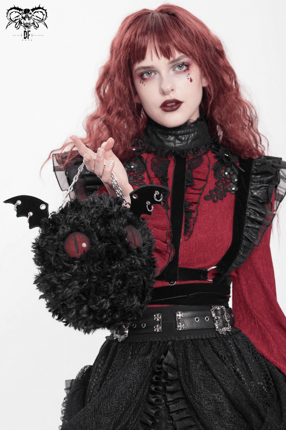 Gothic Bat Wing Plush Shoulder Bag with Chains and Red Eyes