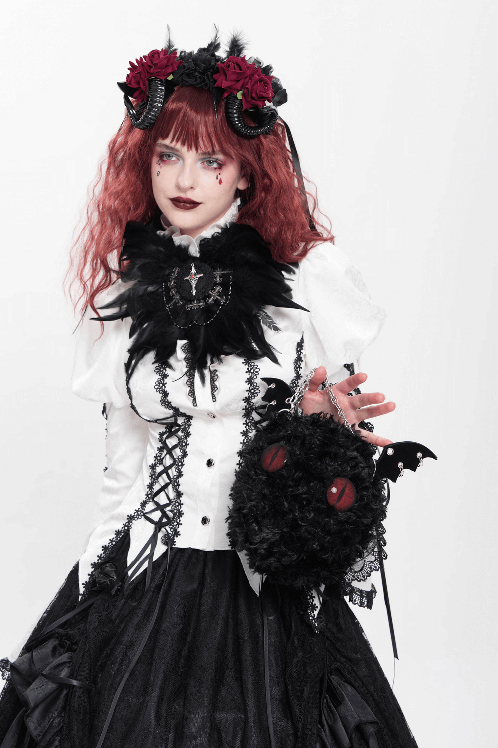 Gothic Bat Wing Plush Shoulder Bag with Chains and Red Eyes