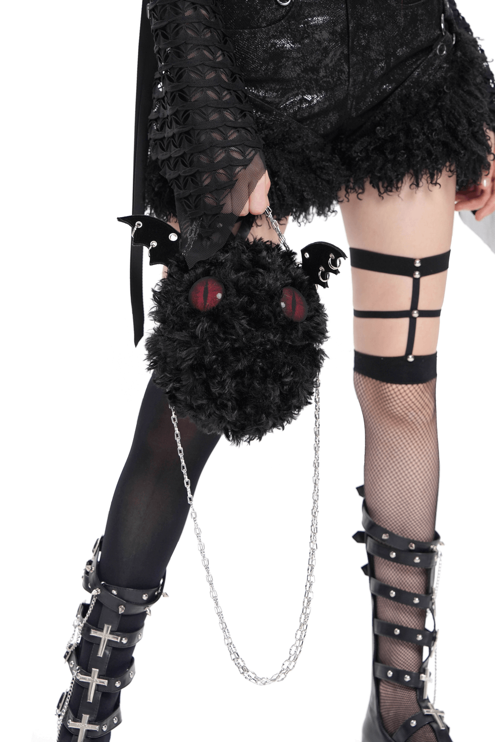 Gothic Bat Wing Plush Shoulder Bag with Chains and Red Eyes