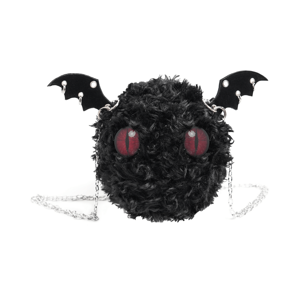 Gothic Bat Wing Plush Shoulder Bag with Chains and Red Eyes