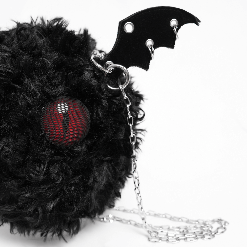 Gothic Bat Wing Plush Shoulder Bag with Chains and Red Eyes