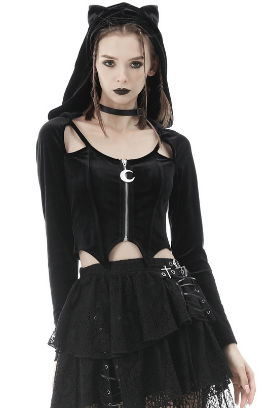 Gothic Batwing Hoodie with Cat Ears and Silver Pendant