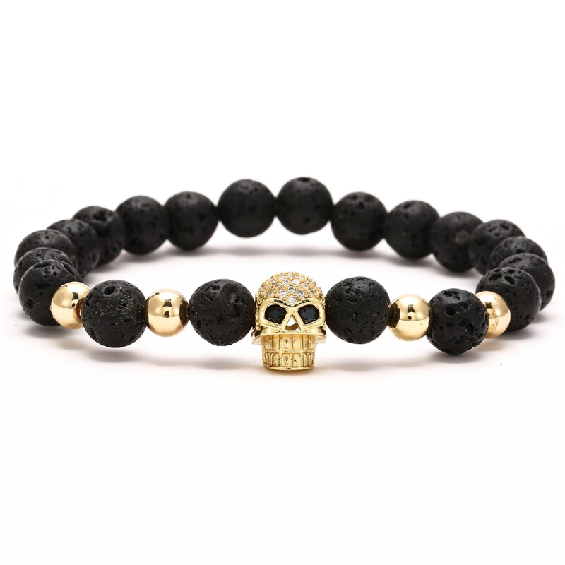 Gothic Beads Stones Bracelet With Skull Head / Unisex Fashion Rock Style Jewelry